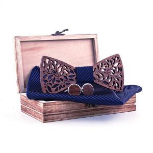Paisley Wooden Bow Tie Handkerchief Set Men's Navy Blue Bowtie Wood Hollow carved Floral design And Box Fashion Novelty ties