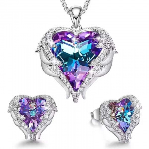 Crystal Angle Wings Heart Shaped Pendent Necklace Stud Earrings Jewelry Set Gift for Women