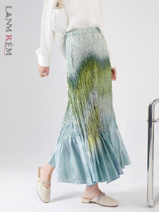 LANMREM Long Pleated Skirt For Women 2022 Summer New High Waist Gradient Fishtail Printing Vintage Loose Skirts Wholesale 2R2155