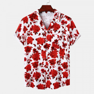 Stylish Red Floral Printed Men's Casual Button Up Hawaiian Shirt for Men