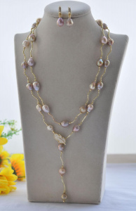 43" 12mm Peacock-Lavender Drop Earrings and Edison Keshi Pearl Necklace Set for Women