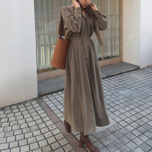 BGTEEVER V-neck Single-breasted Female Long Dress Spring Elegant Long Sleeve Belted Women Dress Straight Loose Vestidos