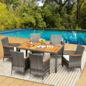 7 Pieces Patio Acacia Wood Cushioned PE Rattan Wicker Dining Set