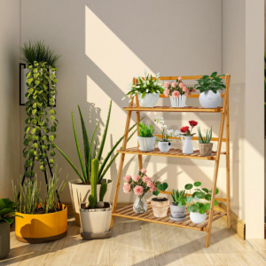 Multi-tier folding bamboo plant stand / folding plant stand with shelves