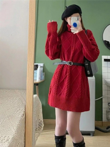 Jielur Red Knitting Slim Waist Chicly Belt Loose Sweater Women's Dresses Autumn New Fashion Casual Pure Color Female Mini Dress