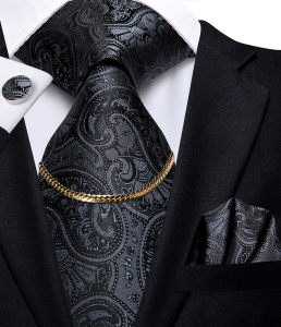 Luxury Paisley Silk Black Tie for Men with Chain Hanky Cufflinks Gift Set