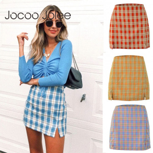 Jocoo Jolee Women Fashion Cotton Plaid Bodycon Skirt Spring Europe Style Split Elegant Chic Skirts High Waist Wild Bottom