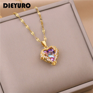 DIEYURO 316L Stainless Steel Beautiful Love Heart Amethyst Gold Pendant Shiny Temperament Gift Women Jewelry Wear Everyday 2021