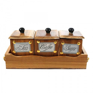 Teak Wood Antique Look Tea Coffee Sugar 3 Container Set With Lids in Wooden Tray-1