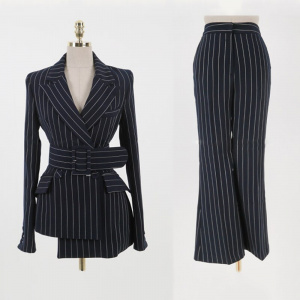 Spring Work Fashion Pant Suits 2 Piece Set for Women Double Breasted Striped Blazer Jacket & Trouser Office Lady Suit Feminino