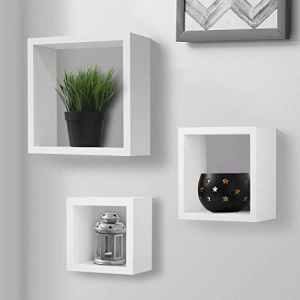 3 White Wooden decorative shelves for wall / Floating square decorative wall shelves
