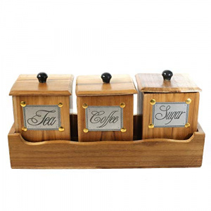 Teak Wood Antique Look Tea Coffee Sugar 3 Container Set with Lids in Wooden Tray