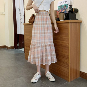 2021 New Spring Summer Women Skirt Oversize Korean style Mermaid skirt Harajuku Pink plaid Long skirts High Waist female skirts