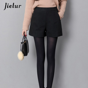 Jielur Autumn Korean Fashion Black Shorts for Women Winter Classic Basic Casual Wide Leg Short Femme Loose Zipper Woolen Shorts