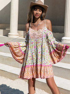 Boho Inspired floral print rayon mini boho dress for women off shoulder V-neck half sleeve bohemian boho beach dress