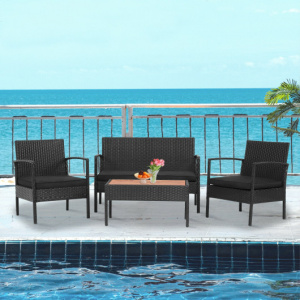 4 Pieces Patio Rattan Cushioned Furniture Set with Wooden Tabletop