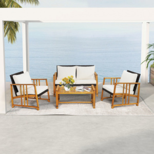 4 Pieces Patio Rattan Conversation Set with Seat and Back Cushions-Off White