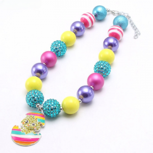 Bubblegum Beaded Necklace With Cute Crystal Easter Egg Pendant for Kids