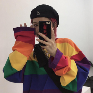 Women's Clothing Long-Sleeved T-Shirt Autumn New 4XL Korean Version Of Rainbow Stripes Loose Casual Oversized Street Hip-Hop Top