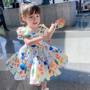Puff Sleeve Cartoon Printed Party Dress for Baby Girls