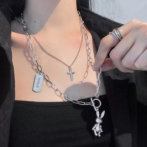 LATS 2021 Fashion Multilayer Hip Hop Long Chain Necklace for Women Men Jewelry Coin Rabbit Cross Pendant Necklace Accessories