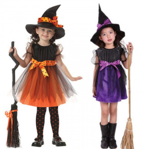 Kid's Short Sleeve Witch Dress with Hat Halloween Cosplay Costume for Girls