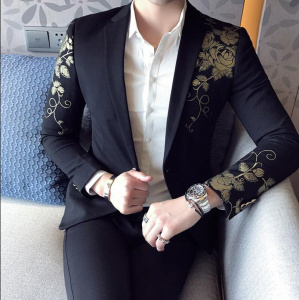 Gold Flower Print One Button Blazer Jacket Men 2018 Brand New Party Wedding Festival Stylish Slim Suit Blazer Men Costume Homme