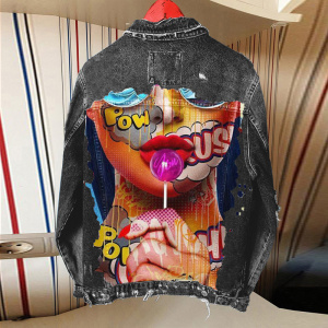 Women's high street retro printing single-breasted lapel denim jacket women's jacket wholesale Can be customized with a pattern