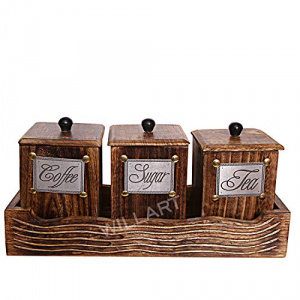 Wooden Tea Coffee Sugar Jars, Set of 3 Tea Coffee Sugar Canisters