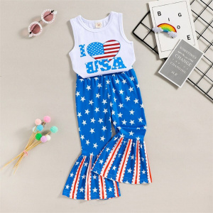 FOCUSNORM 1-5Y Kids Girls 4th of July 2pcs Clothes Sets Letter Striped Printed Sleeveless Vest Tops+Flare Pants