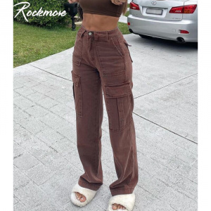 Rockmore Brown Vintage Baggy Jeans Women 90s Streetwear Pockets Wide Leg Cargo Pants Y2K High Waist Straight Denim Trousers 2021