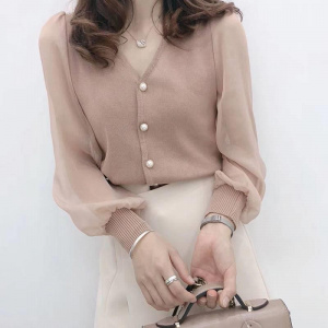 clothe Women's Spring Autumn Style Chiffon Blouses Shirt Women's Knitted Button Long Sleeve Solid Color Lace Patchwork Tops