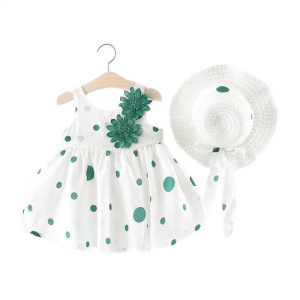 Printed Sleeveless Cotton Beach Dress with Sun Hat for Baby Girls