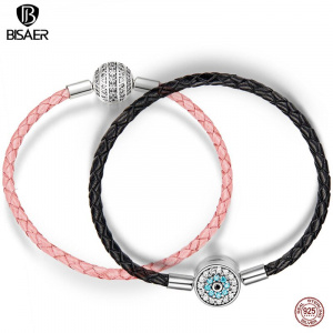 BISAER Real 925 Sterling Silver Pink Rope Leather Bracelets for Women Clear CZ Round Clasp Rope Bracelets Silver Jewelry ECB114