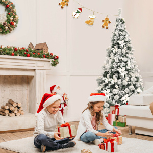 6 Ft Snow-Flocked Hinged Christmas Tree Decorated with Berries and Poinsettias