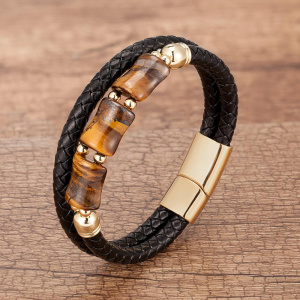 100%Natural Tiger Eye Stone Chakra Jewelry Charm Stainless Steel Men's Genuine Leather Braclets Natural Stone Bracelet Wholesale