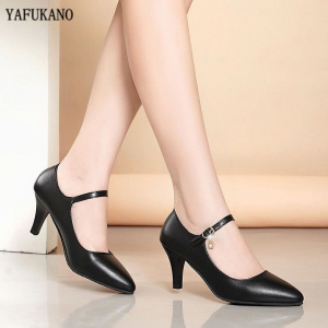 Women Leather Mid Heel Pumps New High Quality Shoes Classic Black High Heels Shoes