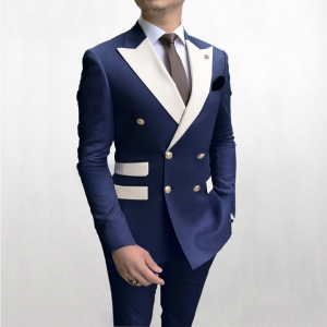 Gwenhwyfar Solid Navy Men Party Tuxedos Suits 2 Pieces Latest Mix Color White Lapel Men Suits Gold Buttons Fashion Style Suits
