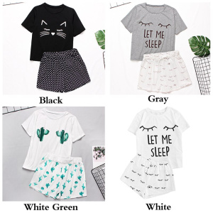 Womens Homewear Cute Cartoon Printed Pajamas Set Casual Short Sleeve T-Shirt Sleepwear Nightwear Set Summer Pyjama For Women Set
