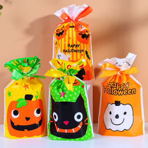 10Pcs Happy Halloween Ribbon Drawstring Bag Candy Gift Food Packaging Bag Drawstring Bag Decorations for Home Presents