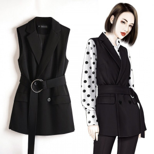 Womens Blazer Vest Elegant Office Lady Coat Female Waistcoat Causal Work Sleeveless Jacket Top Belted Black Waistcoat Plus Size