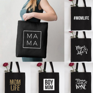 Mama Shopping Canvas Black Bag Mom Life Print Reusable Eco Cloth Travel Bag Foldable Tote Bags Large Capacity Mother Nappy Bag