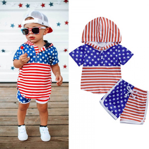 FOCUSNORM 2pcs Baby Boys 4th of July Clothes Sets 0-3Y Short Sleeve Stars Stripes Print Hoodie T Shirts + Shorts Set