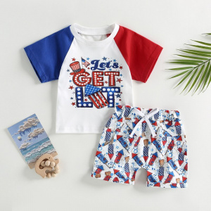 Baby Outfits, Short Sleeve Letter Print Tops + Tie Front Shorts Set