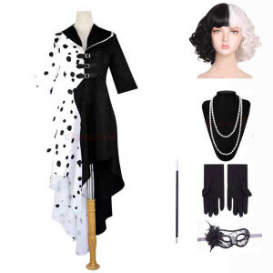 Girls Women Evil Madame Cruella De Vil Costume Cosplay Gown Black White Maid Dress Gloves Wig Halloween Party Fancy Dress