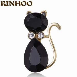 RINHOO Fashion Black Cat Rhinestone Crystal Brooches For Women Zircon Cat Brooches Charm Animal Brooches Female Girl Jewelry