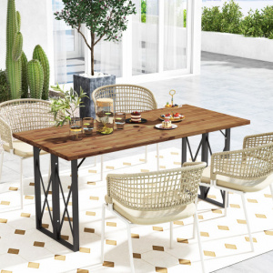 67 Inch Patio Rectangle Heavy-Duty Acacia Wood Dining Table with Metal Legs and Umbrella Hole