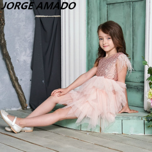 Feather Sequins Girls Dress Tiered Fluffy Tulle Party Kids Princess Dresses for Girls Baby Clothes 2-10Y E13846