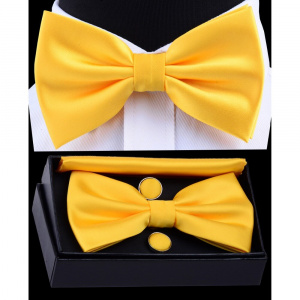 Ricnais Men's Pre-tied Bow Tie Set Solid Bowtie Pocket square Cufflinks With Box Waterproof Fold For Man Yellow Red For Wedding