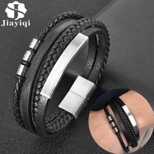 Fashion Stainless Steel Charm Men Bracelet Magnetic Clasp Braided Mutilayer Leather Wrapping Punk Rock Bangles Man Jewelry Gift